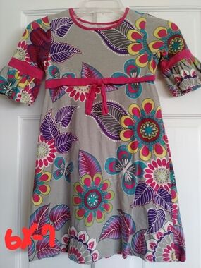 Place Gray Floral Dress with Pink Trim and Multicolor Print